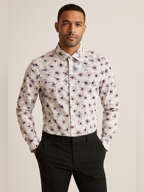 RW&CO. White Floral Dress Shirt with Purple and Blue Accents